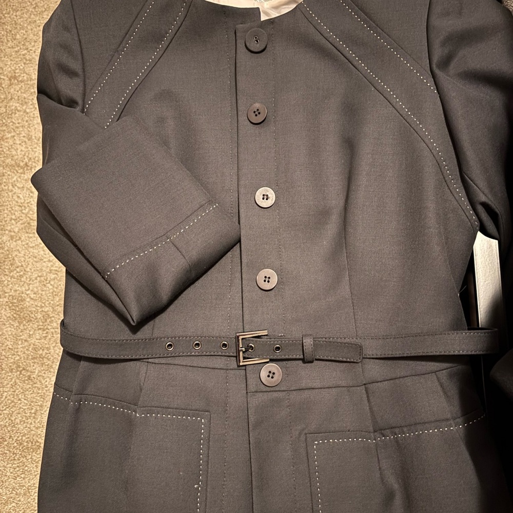Anne Klein Gray Blazer with Belt career size 8 with white stitching details